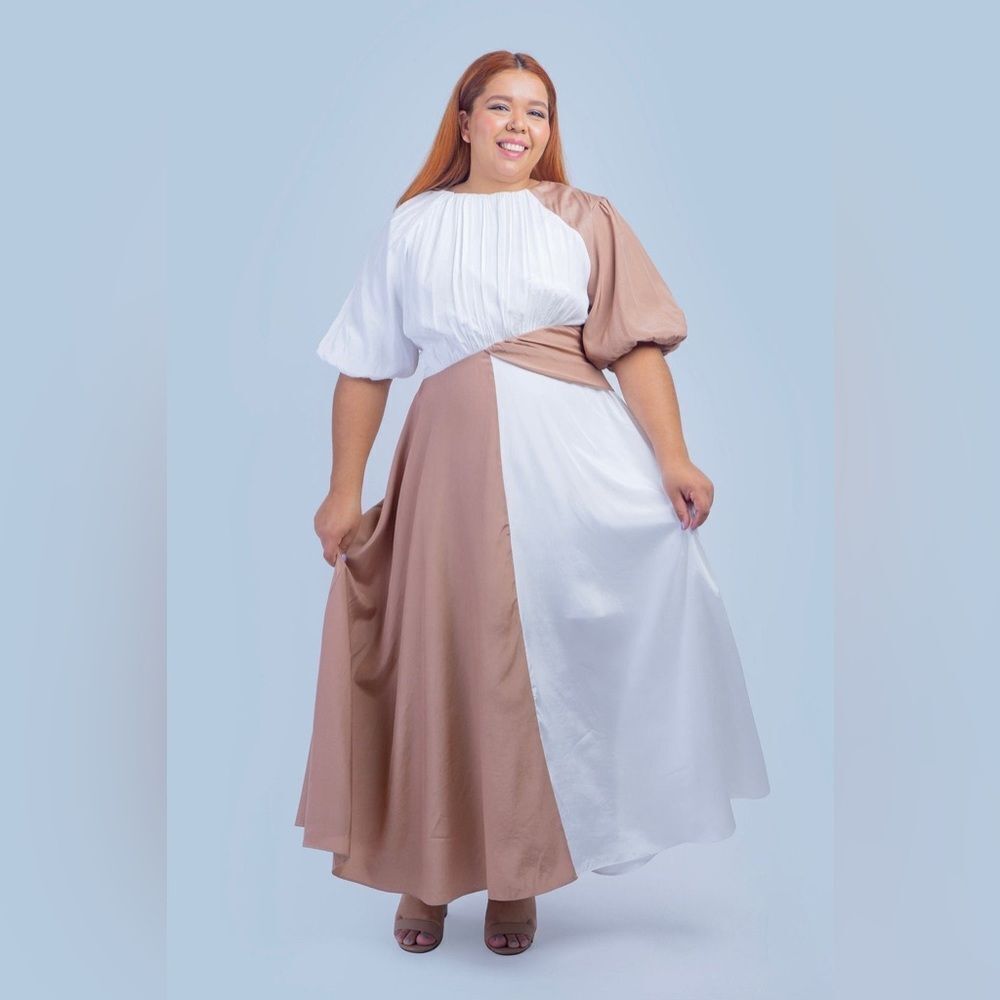 Rosevelvet Two-Tone White and Tan color block maxi Dress with back cut out